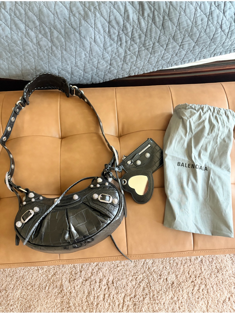 Le Cagole XS Croc-Embossed Shoulder Bag with Rhinestones